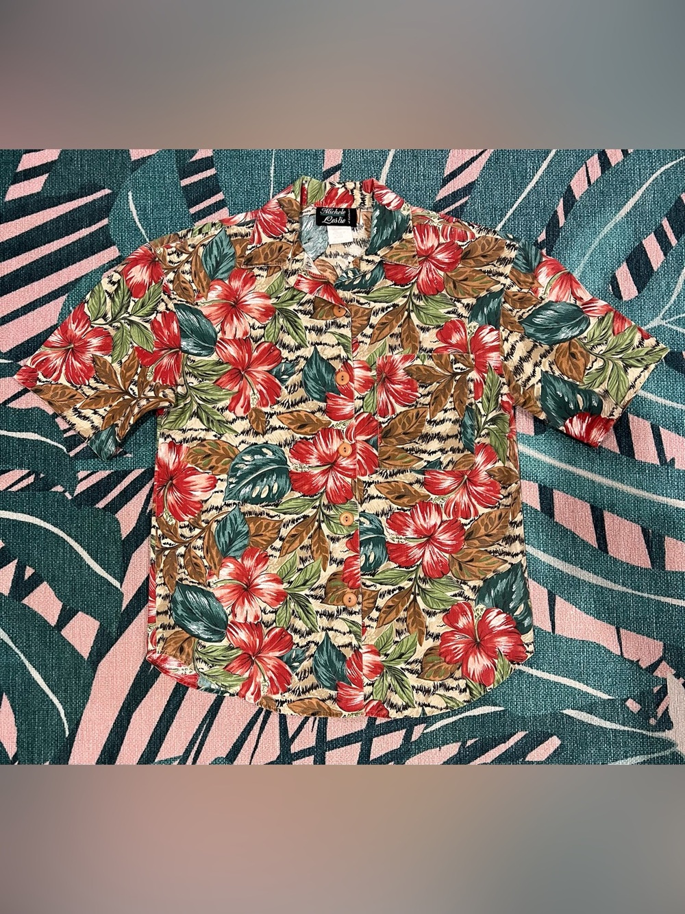 Vintage Muted Michele Leslie Pocketed AOP Floral Aloha Print Button Up Shirt